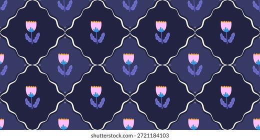 Lindo patrón de flores nórdicas que combina hojas y flores en un diseño equilibrado y de moda. Funciona bien para Fondo de pantalla, colecciones de tela y gráficos de superficie de verano.
