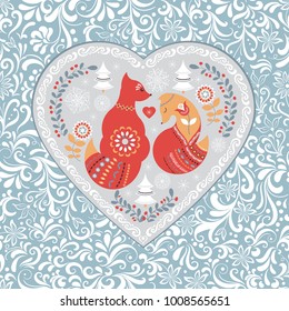 Cute Nordic folk pattern with foxes, flowers,  snowflakes and fir trees framed in a heart shape. Folk art. Scandinavian style.
Floral background - seamless pattern.
