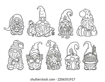 Cute nordic gnome autumn thanksgiving coloring book. Baby children illustration fall gnomes sketches for coloring page. Scandinavian gnome black and white illustration.