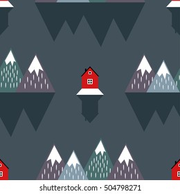 Cute nordic landscape with houses, mountains, sea and reflection. Seamless pattern with geometric snowy mountains and homes. Colorful scandinavian nature illustration. Vector mountains background.