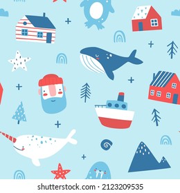 Cute nordic sea scandinavian pattern. Seamless vector north marine print for baby.