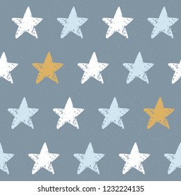 Cute nordic seamless pattern with hand drawn stars. Stamp textured background. Vector illustration for gift, design and print.