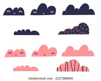 Cute nordic trendy Scandinavian vector childish clouds with funny faces isolated on white, Ideal for baby shower, party, birthday postcard design.