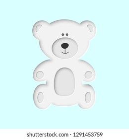 cute north arctic polar white baby bear toy in paper cut craft style sitting on white blue snow background, stock vector illustration clip art