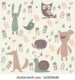 Cute north forest animals. Illustration of rabbit, bear, hedgehog, bird, snail, fox and owl in cartoon style. Cute flowers and hearts. 