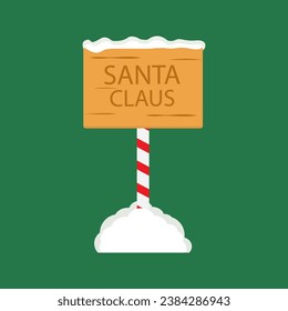 Cute North Pole Signboards and Christmas Wooden Street Signs in Snow, Winter Pointers with Garlands, Snow, and Striped Poles. Xmas Cartoon Vector Illustration
