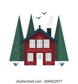 Cute north style Scandinavian house in the woods, flat style vector illustration