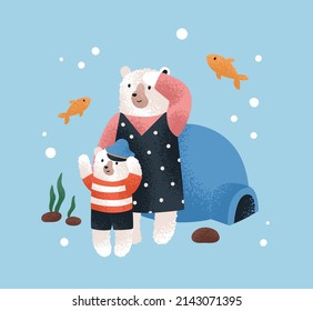 Cute Northern Bear Family. Baby Animal Characters, Mother And Child. Childish Nursery Fairytale. Adorable Mom And Kid From North. Scandinavian Nordic Fairy Tale. Childrens Flat Vector Illustration