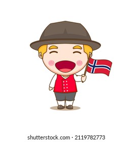 Cute Norway boy wearing national with flag. Chibi cartoon character isolated background.