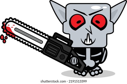 cute nosphere bone mascot character cartoon vector illustration holding bloody saw machine