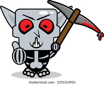 cute nosphere bone mascot character cartoon vector illustration holding bloody pickaxe