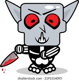 caricatura del personaje de la mascota ósea de la noesfera lindo ilustración del vector sosteniendo un cuchillo sangriento