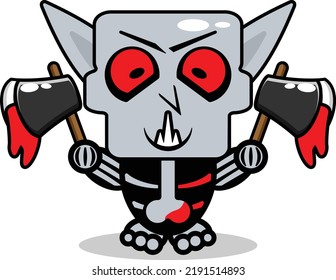 caricatura del personaje de la mascota ósea de la noesfera lindo ilustración del vector sujetando el hacha sangriento