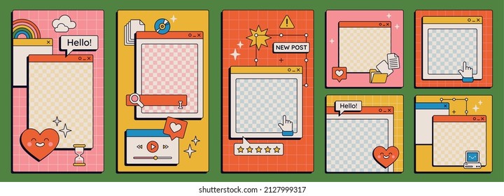 Cute nostalgic 90s retro vaporwave post and story template. Social media stories and posts with old computer aesthetic ui elements vector set. Illustration of retro groovy abstract interface - Shutterstock ID 2127999317