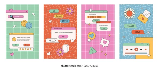 Cute nostalgic 90s retro vaporwave post and story template. Social media stories and posts with old computer aesthetic ui elements vector set. Illustration of retro groovy abstract interface.