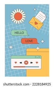 Cute nostalgic 90s retro vaporwave post and story template. Social media stories and posts with old computer aesthetic ui elements vector stock set. Illustration of retro groovy abstract interface.