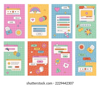 Cute nostalgic 90s retro vaporwave post and story template. Social media stories and posts with old computer aesthetic ui elements vector set. Vector Illustration of retro groovy abstract interface.