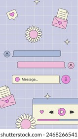 Cute nostalgic 90s retro vaporwave post and story template. Social media stories and posts with old computer aesthetic ui elements vector set. Vector Illustration of retro groovy abstract interface.
