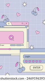 Cute nostalgic 90s retro vaporwave post and story template. Social media stories and posts with old computer aesthetic ui elements vector set. Vector Illustration of retro groovy abstract interface.