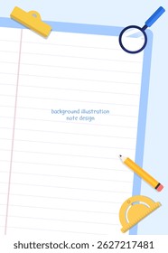 Cute note background decorated with pencil and magnifying glass phrases, notepad illustration design. Vector illustration.