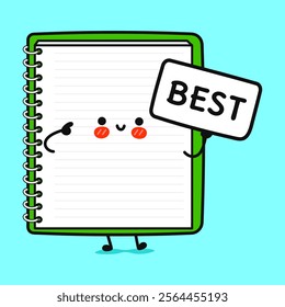 Cute Note pad with poster best. Vector hand drawn cartoon kawaii character illustration icon. Isolated on blue background. Note pad think concept