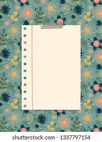 Cute note page with the pattern of flowers and leaves, a stationery organizer for daily plans. Organizer with a place for Notes. Vector illustration.