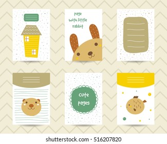 Cute note pages, to do list, flashcards, tags with house, rabbit, banner, bear, fish, bubbles. Printable templates set. Funny cards, postcards, backgrounds for children. Pages for organizer, dairy