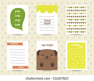Cute note pages, to do list, flashcards, tags with polka dots, dog, flags, dialog bubble, ribbons. Printable templates set. Funny cards, postcards, backgrounds for children. Pages for organizer, dairy