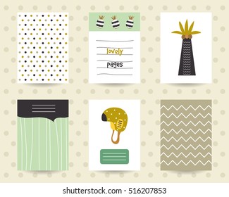 Cute note pages, to do list, flashcards, tags with polka dots, stripes, palm tree, helmet. Printable templates set. Funny cards, postcards, backgrounds for children. Pages for organizer, dairy