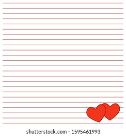 Cute note paper with a heart. The ruled writing book leaf with a hearts.