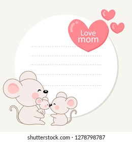 Cute note paper with mouse family cartoon. Vector illustration template design. 