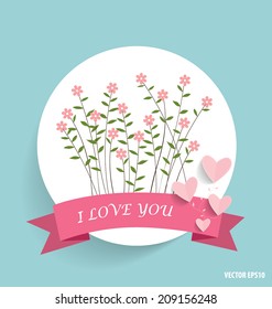 Cute note paper with ribbon, heart and floral bouquets, vector illustration.