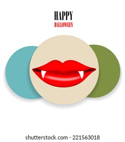 Cute note papers, Happy Halloween design background with vampire mouth. Vector illustration.