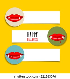 Papeles de notas, fondo de diseño de Halloween feliz con boca de vampiros. Ilustración vectorial.
