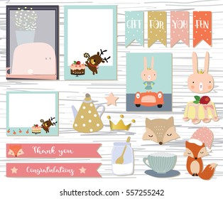 Cute note and sticker with rabbit,fox,whale,crown and cake