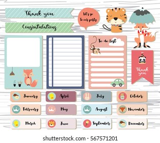 Cute note and sticker with tiger,fox,car,rabbit and panda