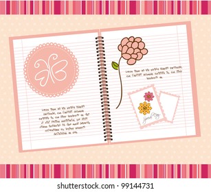 cute notebook with butterfly and flower. vector illustration