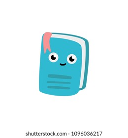 Cute notebook cartoon character with bookmark isolated on white background. Funny office supply personage with smiling face for back to school concept, vector illustration.