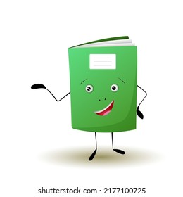 Cute notebook character vector cartoon illustration isolated on white. Smiling copybook or diary with eyes and mouth. school item great for mascot, sticker, back to school design. education personage.