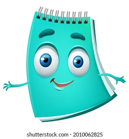 Cute notebook isolated on white background. Cartoon funny turquoise diary with emotions of joy. Vector illustration for school.