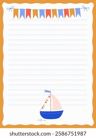 Cute notebook page template with baby boat and colored garlands