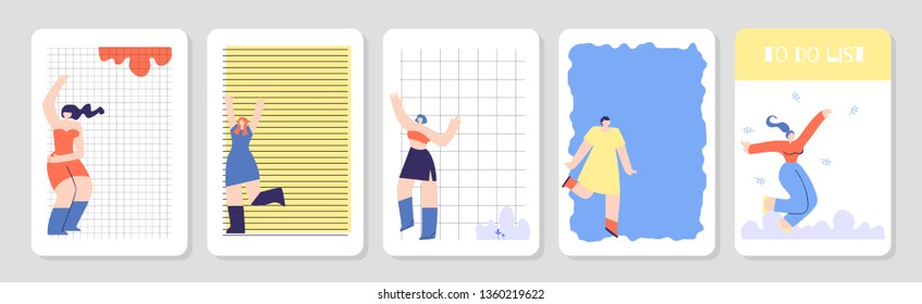 Cute Notebook Page Template, To Do List. Cover Design Set. Diary, Weekly, Monthly Planner, Organizer, Schedule with Place for Notes. Vector Illustration with Happy Dancing Beautiful Girls