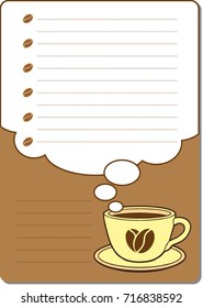 cute notebook paper background. vector cards notes page, notebook design with cute coffee cups.  