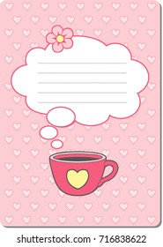 cute notebook paper background. vector cards notes page, designer with sweet cups for coffee and for lovers