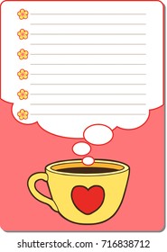 cute notebook paper background. vector cards notes page, designer with sweet cups for coffee and for lovers