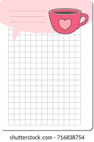 cute notebook paper background. vector cards notes page, designer with sweet cups for coffee and for lovers