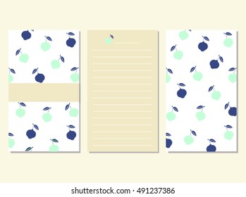 Cute notebook paper page with blue fruit and leaves design card text pattern background. Vector art