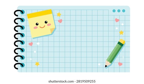 Cute notebook paper vector template with grid layout sticky note and pencil perfect for school planners journals stationery printable worksheets educational materials and creative design projects