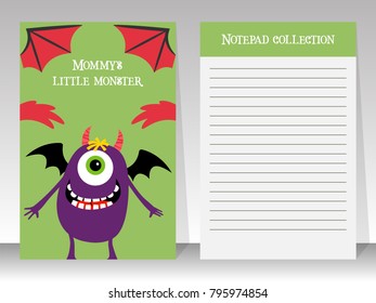 Cute notebook template for kids with happy monster, vector illustration