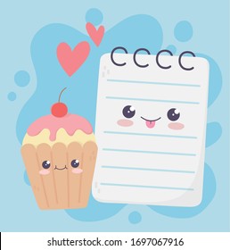 cute notepad and apple love hearts kawaii cartoon character vector illustration